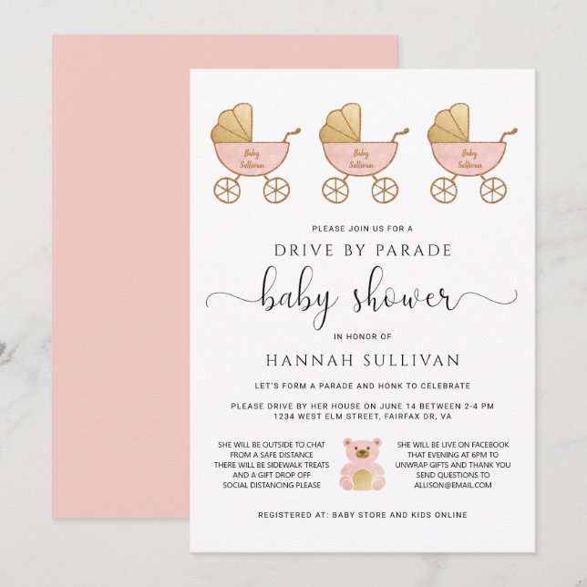 Drive By Baby Girl Shower | Retro Carriage Pink Invitation (Front/Back)