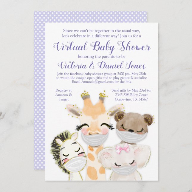 Drive By Baby Shower Baby Animals with Masks Invitation (Front/Back)