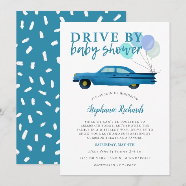 Drive By Baby Shower Blue Car Parade Invitation (Front/Back)