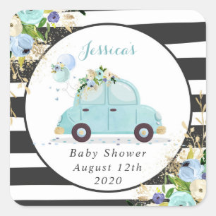 Drive By Baby Shower Blue Floral Favor Tag Sticker