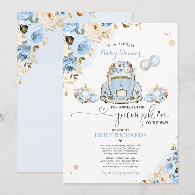 Drive By Baby Shower Blue Floral Roses Pumpkin Invitation (Front/Back)