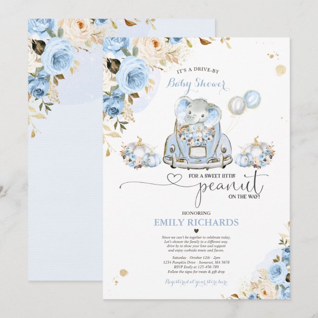Drive By Baby Shower Blue Roses Elephant Pumpkin Invitation (Front/Back)
