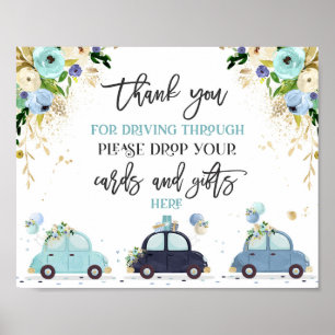 Drive By Baby Shower Cards Gifts Sign Blue Floral
