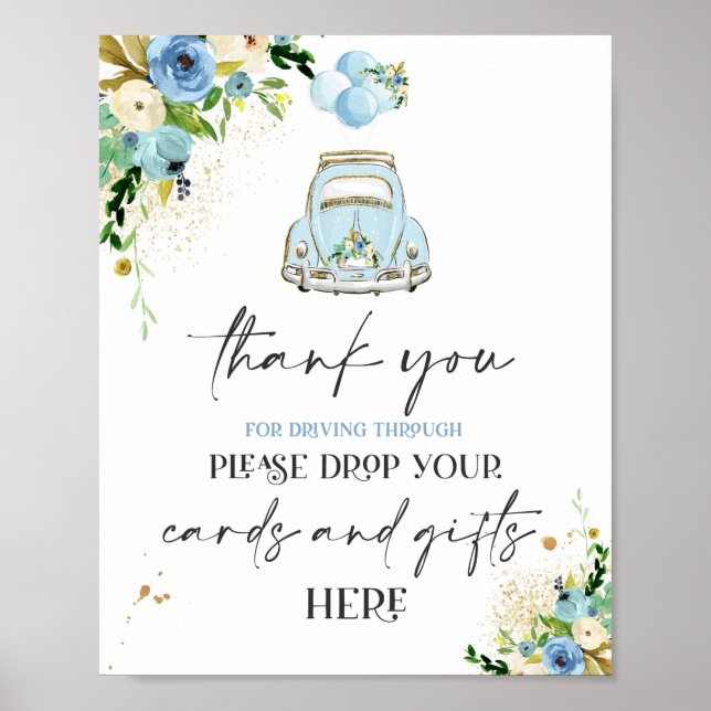 Drive By Baby Shower Cards Gifts Sign Blue Floral (Front)