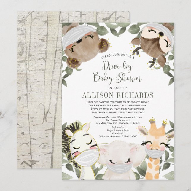 Drive by baby shower cute animals with masks invitation (Front/Back)