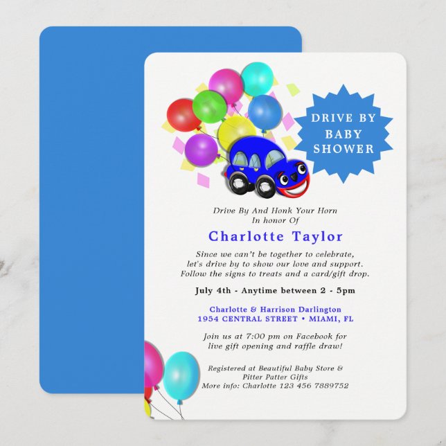 Drive By Baby Shower Cute Car Blue Baby Boy Invitation (Front/Back)