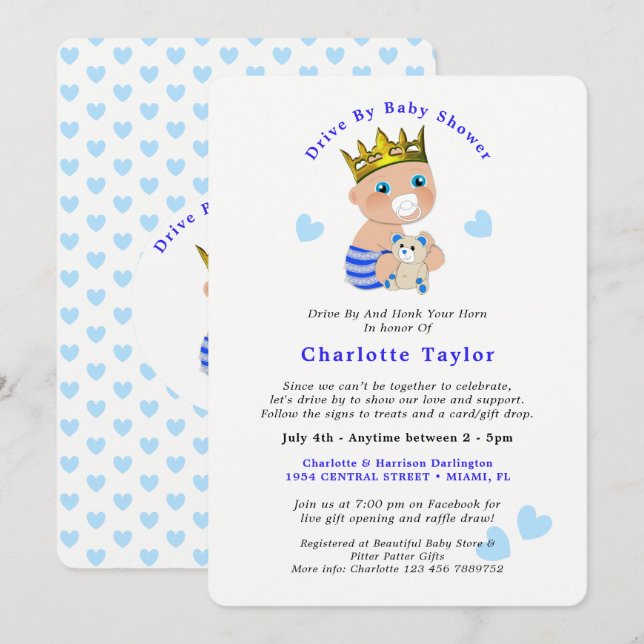 Drive By Baby Shower Cute Prince Blue Baby Boy Inv Invitation (Front/Back)