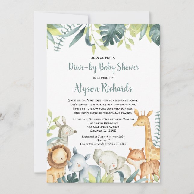Drive-by baby shower cute safari animals invitation (Front)