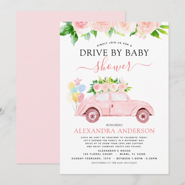 Drive By Baby Shower Floral Blush Pink Invitation (Front/Back)