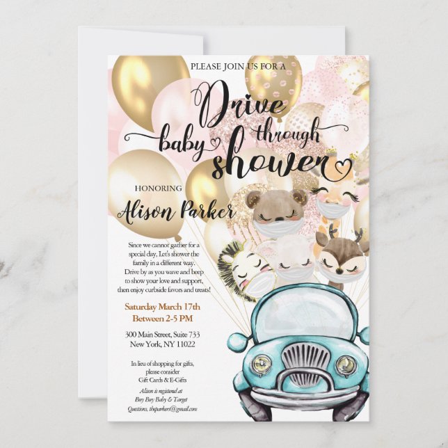 Drive By Baby Shower for GIRL | Safari Friends Invitation (Front)