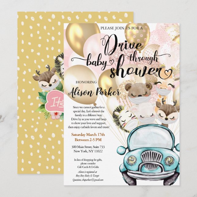 Drive By Baby Shower for GIRL | Safari Friends Invitation (Front/Back)