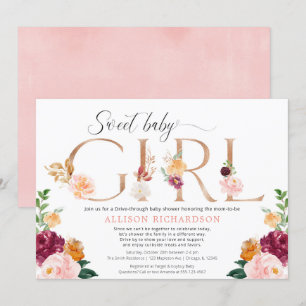 Drive-by baby shower girl rose gold burgundy blush invitation