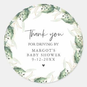Drive By Baby Shower Greenery And Gold Classic Round Sticker