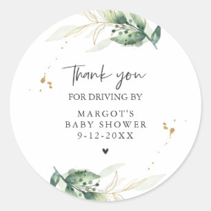 Drive By Baby Shower Greenery And Gold Classic Round Sticker