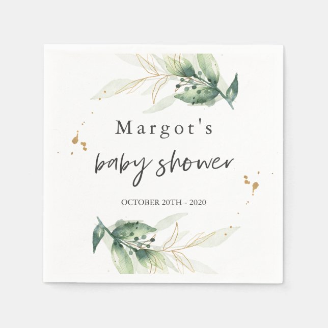 Drive By Baby Shower Greenery And Gold Napkin (Front)