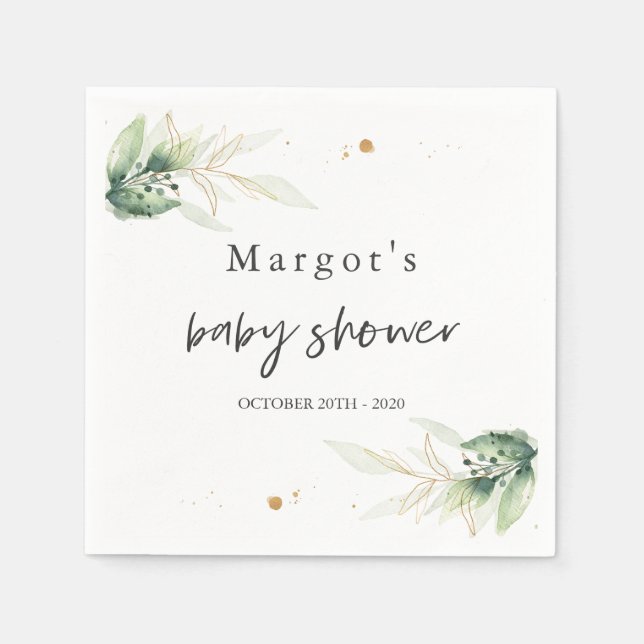 Drive By Baby Shower Greenery And Gold Napkin (Front)