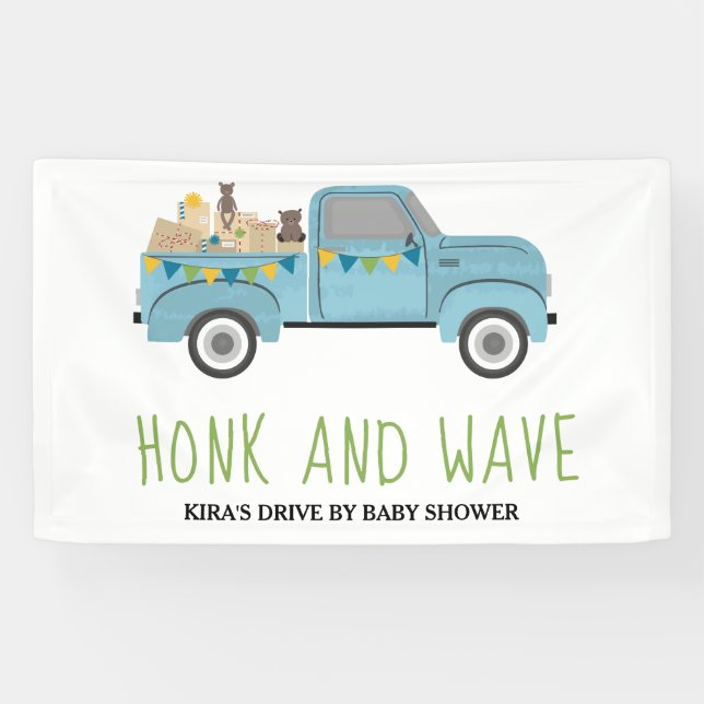 Drive By Baby Shower Honk & Wave Blue Truck Banner (Horizontal)