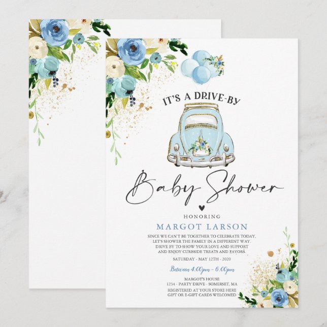 Drive By Baby Shower Invitation Blue Floral Shower (Front/Back)