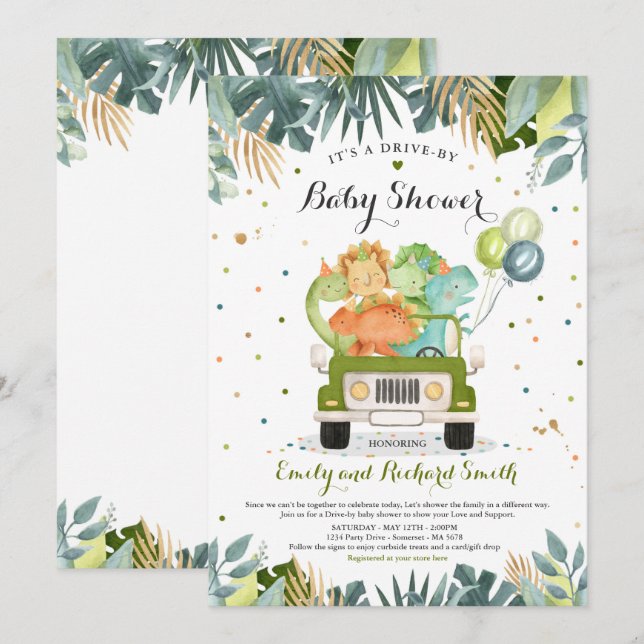 Drive By Baby Shower Invitation Dinosaur Shower (Front/Back)