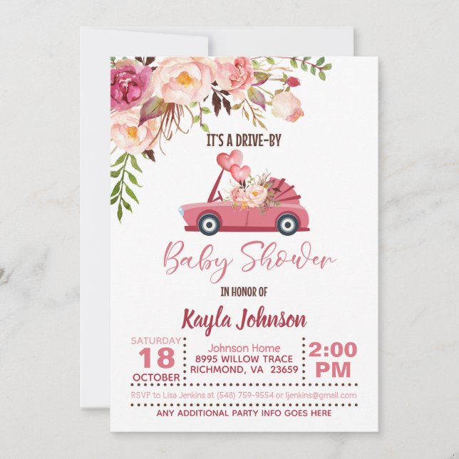 Drive By Baby Shower Invitation - Girl (Front)