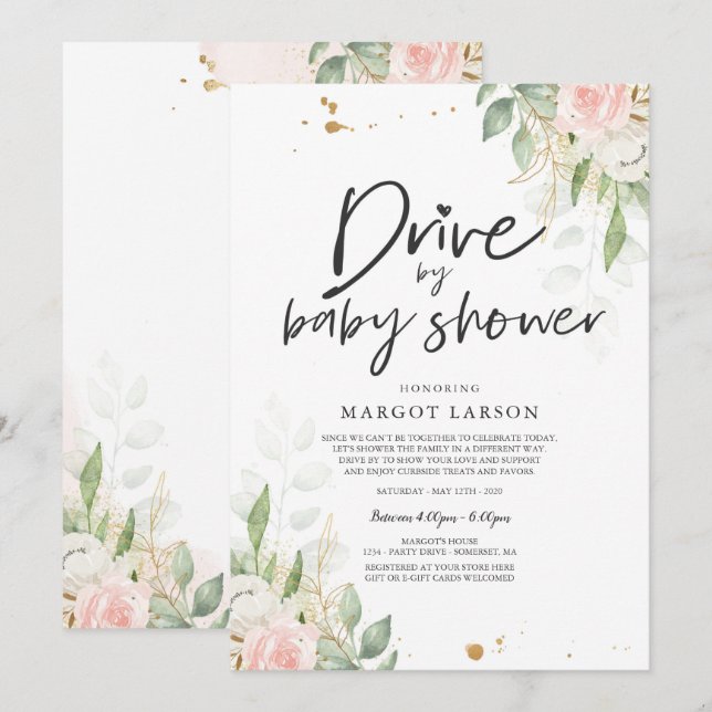 Drive By Baby Shower Invitation Greenery Pink Gold (Front/Back)