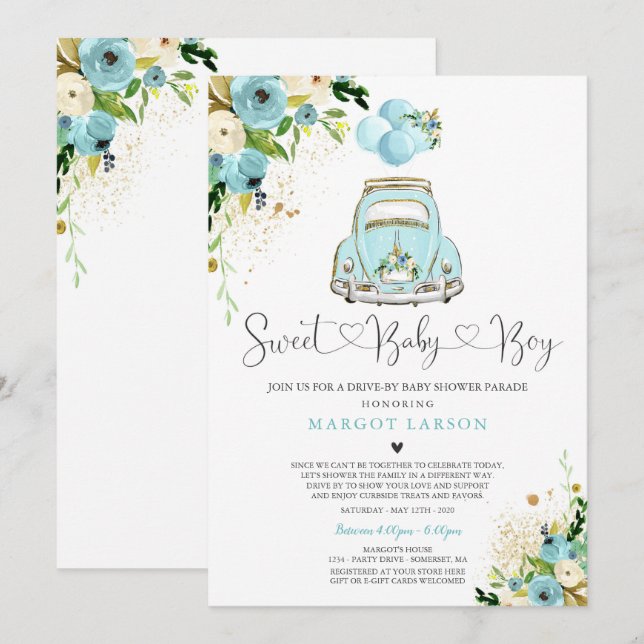 Drive By Baby Shower Invitation Mint Floral Shower (Front/Back)
