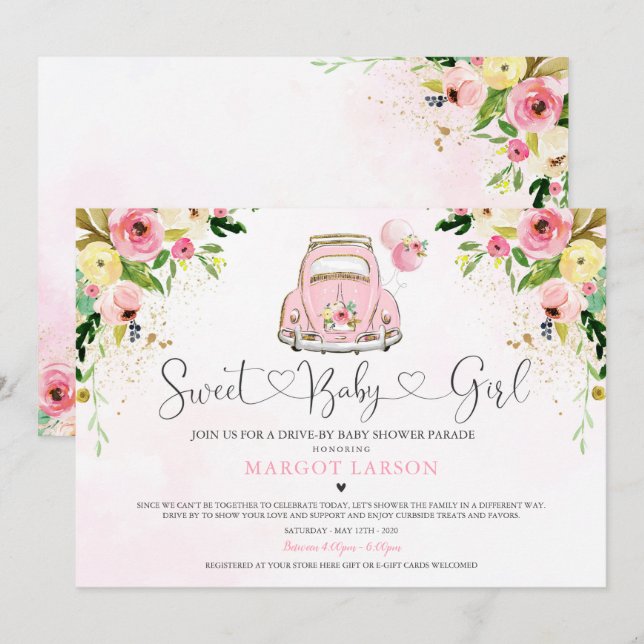 Drive By Baby Shower Invitation Pink Floral Shower (Front/Back)