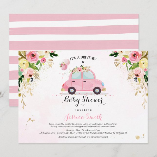 Drive By Baby Shower Invitation Pink Floral Shower (Front/Back)