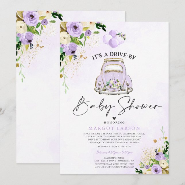 Drive By Baby Shower Invitation Purple Floral (Front/Back)