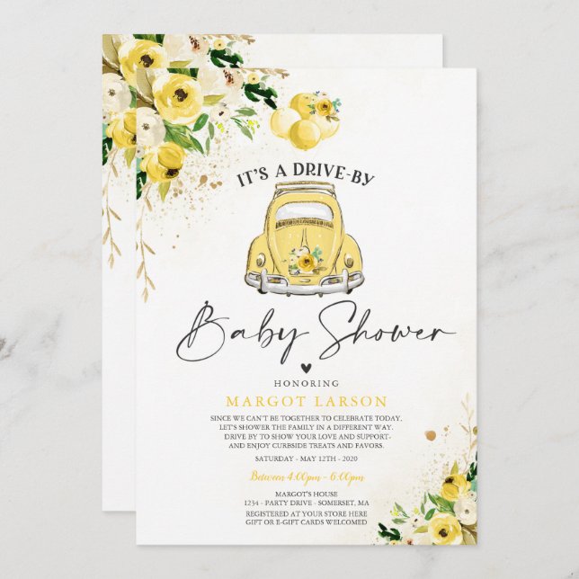 Drive By Baby Shower Invitation Yellow Floral (Front/Back)