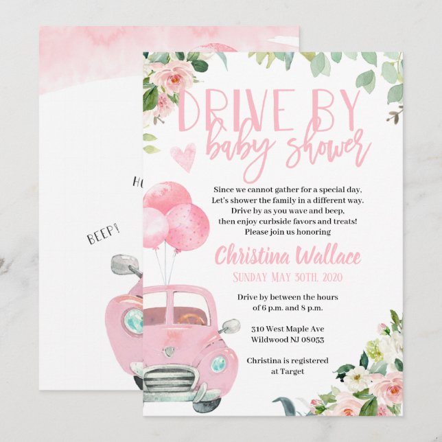 Drive By Baby Shower Invitations for Girls (Front/Back)