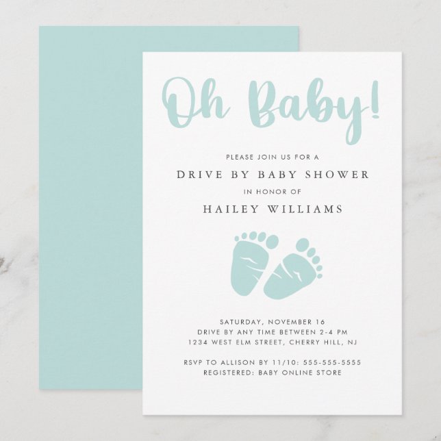 Drive By Baby Shower | Oh Baby Baby Feet Mint Invitation (Front/Back)