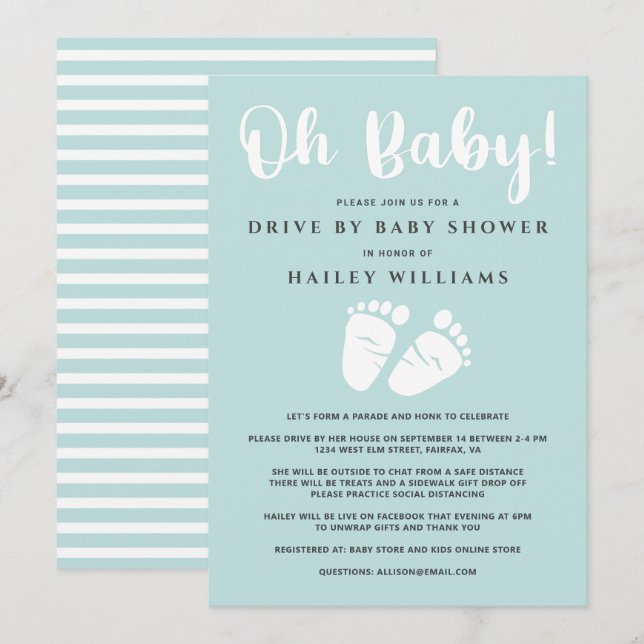 Drive By Baby Shower Oh Baby Baby Feet Mint White Invitation (Front/Back)
