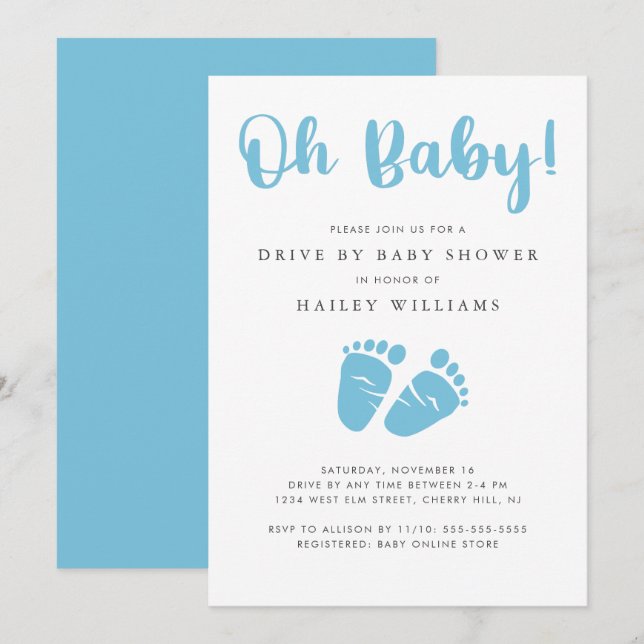 Drive By Baby Shower | Oh Baby Boy Blue Baby Feet Invitation (Front/Back)