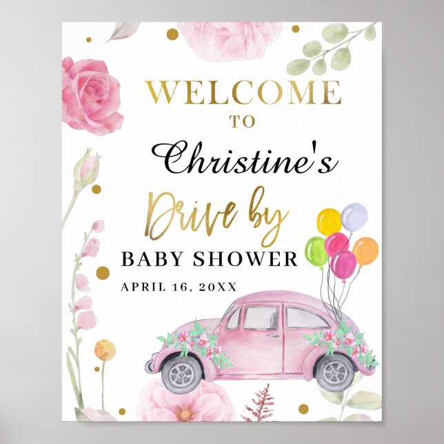 Drive By Baby Shower Parade Pink Floral Welcome Poster (Front)