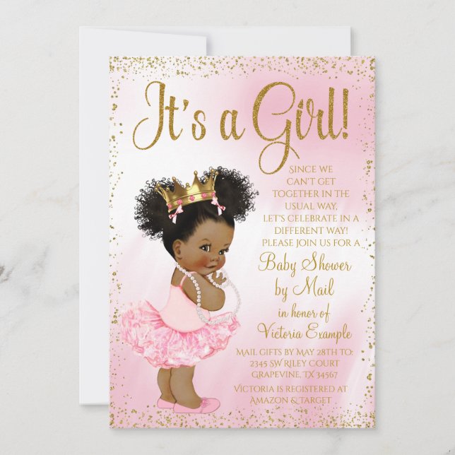 Drive By Baby Shower Pink Gold Afro Princess Tutu Invitation (Front)