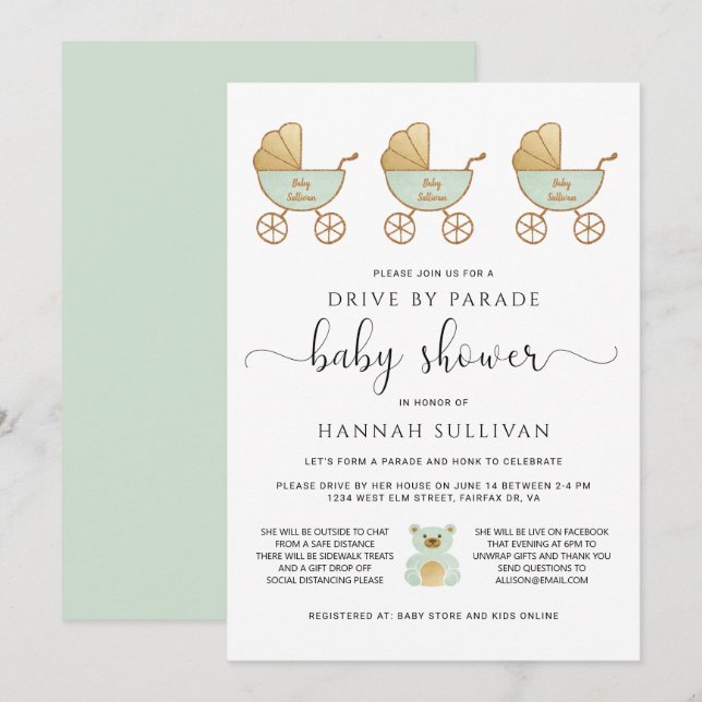 Drive By Baby Shower | Retro Carriage Green Gold Invitation (Front/Back)