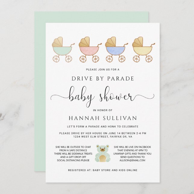 Drive By Baby Shower | Retro Carriages Parade Invitation (Front/Back)