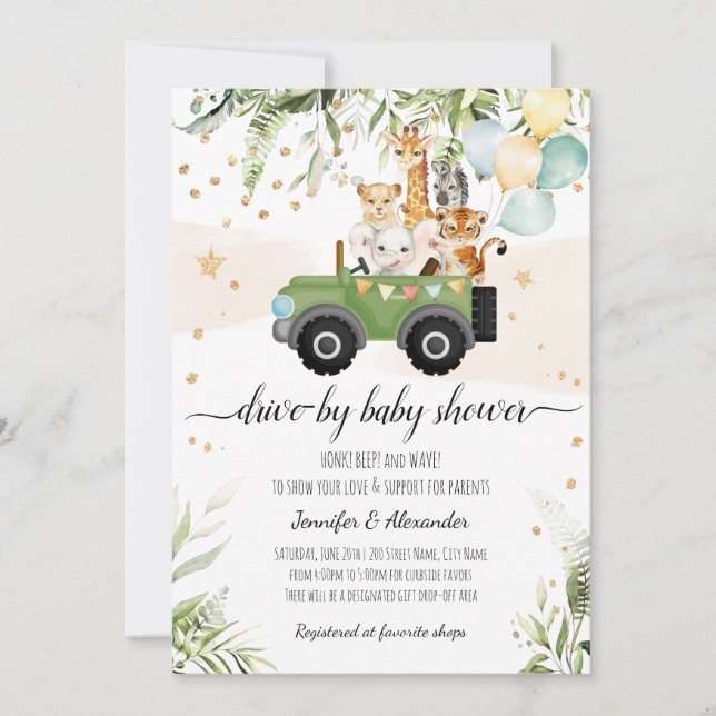 Drive by Baby Shower Safari Animal Social DIstance Invitation (Front)