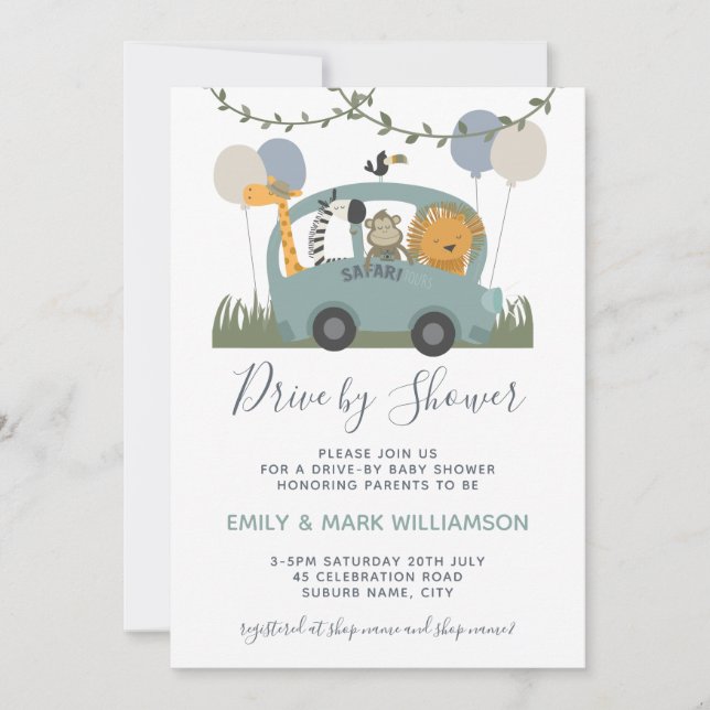 Drive By Baby Shower Safari Animals Blue Boy Invitation (Front)