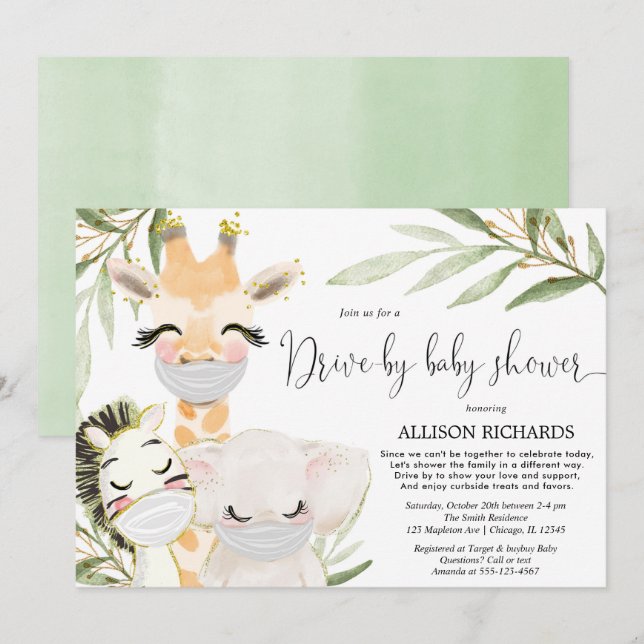 Drive-by baby shower safari animals gender neutral invitation (Front/Back)
