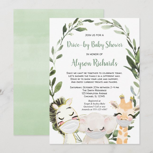 Drive-by baby shower safari animals with masks invitation (Front/Back)