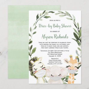 Drive-by baby shower safari animals with masks invitation