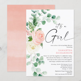 Drive by baby shower spring floral pink greenery invitation