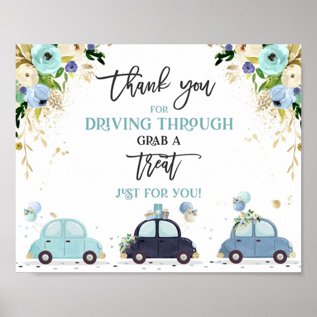 Drive By Baby Shower Treat Favor Sign Blue Floral (Front)