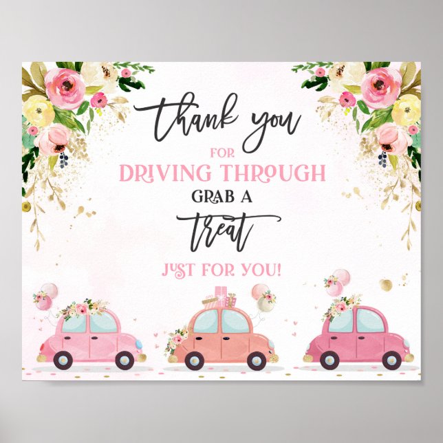Drive By Baby Shower Treat Favor Sign Pink Floral (Front)