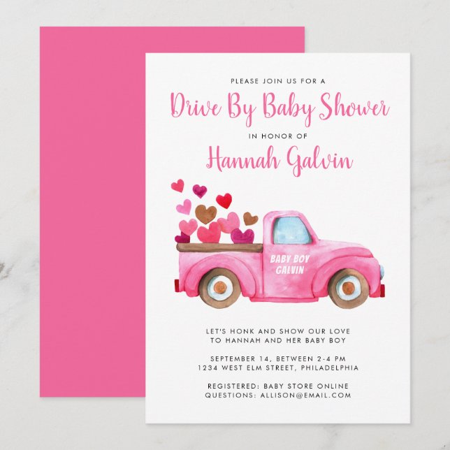 Drive By Baby Shower Truckload of Hearts and Love Invitation (Front/Back)