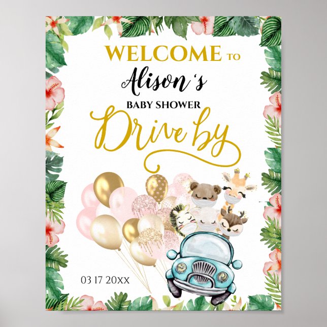 Drive By Baby Shower WELCOME POSTER Safari Friends (Front)