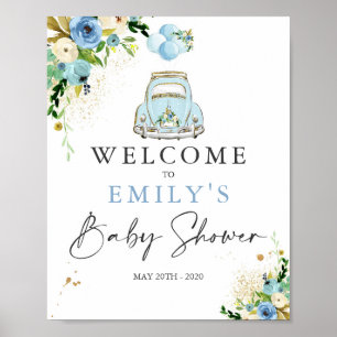 Drive By Baby Shower Welcome Sign Blue Floral