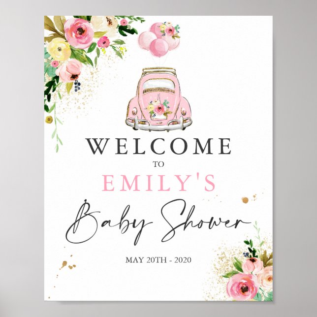 Drive By Baby Shower Welcome Sign Pink Floral (Front)